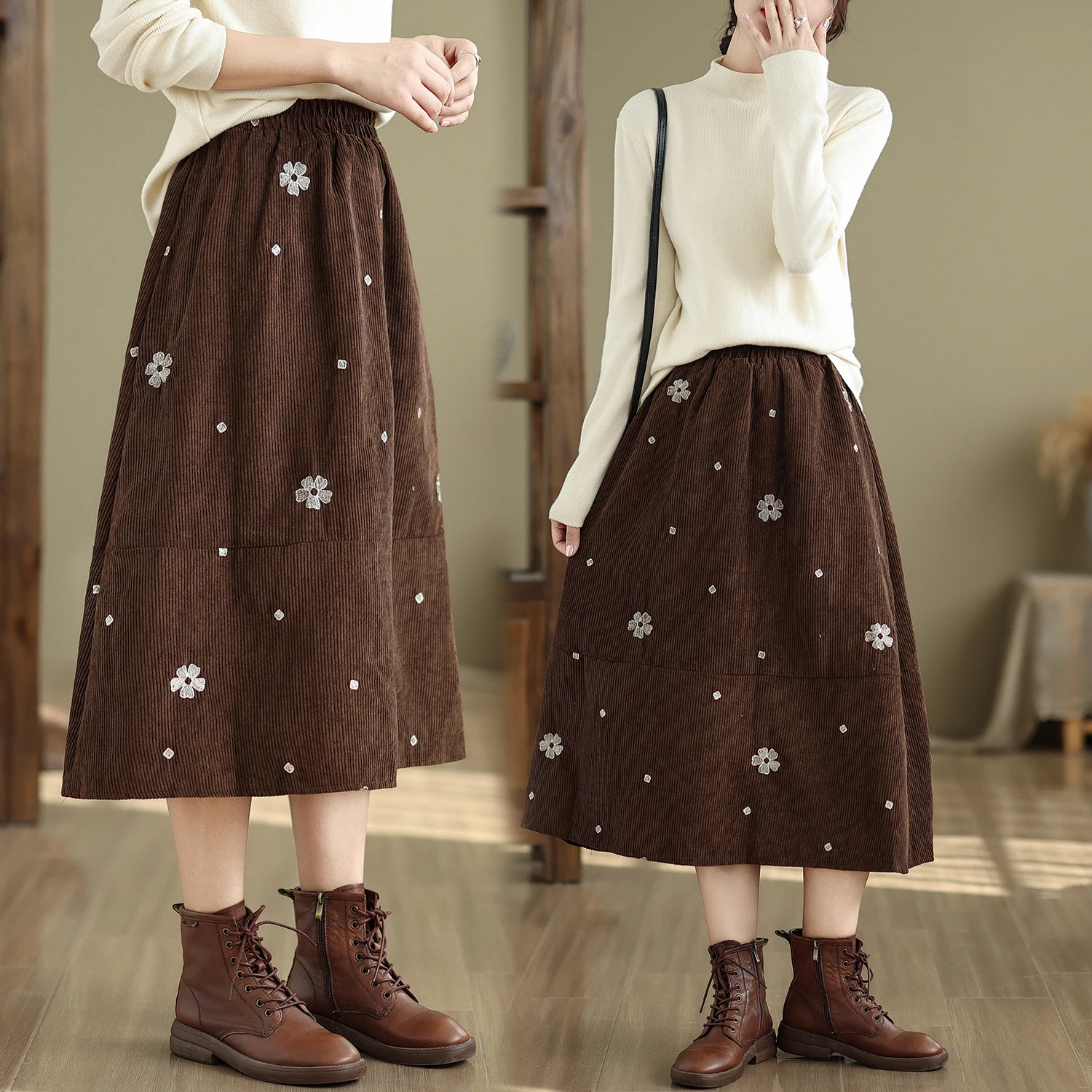 

High Waist Midi A-Line Skirt Women's Autumn Winter New Sle Embroidered Corduroy Flower f-length Slimming Over-knee Umbre...