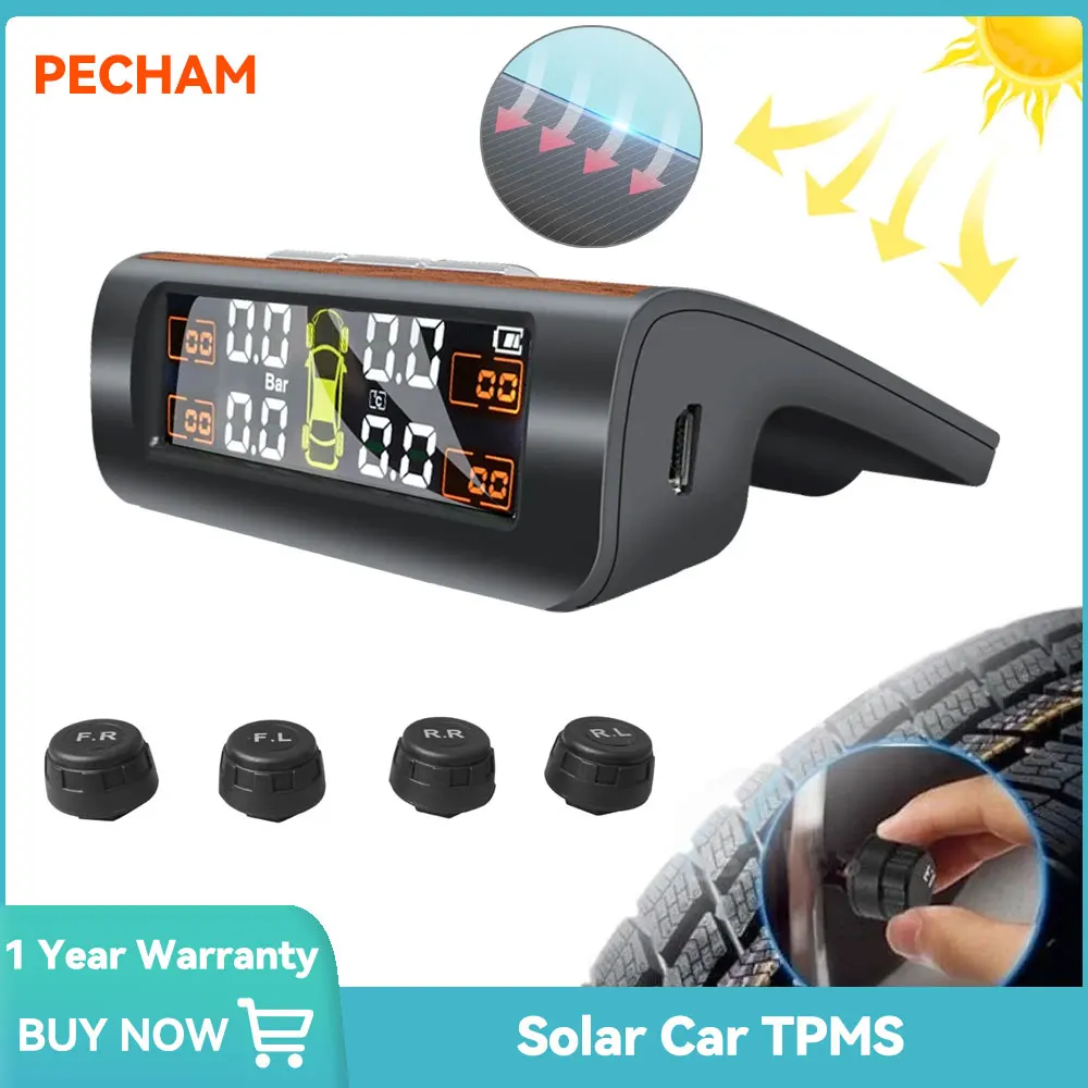 

Car TPMS Solar Power TPMS Tire Pressure Alarm Monitor Auto Security System Tyre Pressure Temperature Warning External Sensors