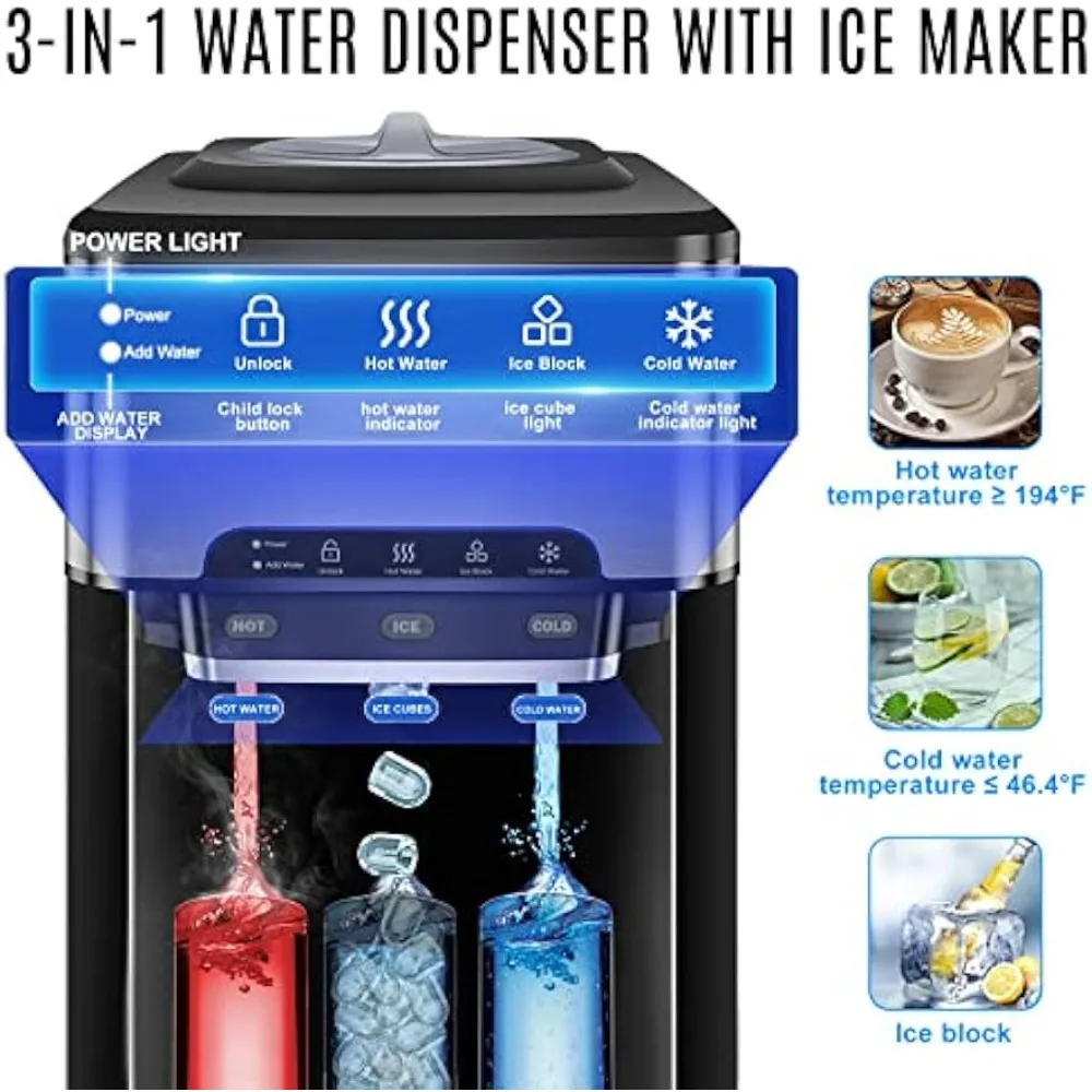 Water Cooler Dispenser Built-in Ice Maker Countertop,3n1 Portable Ice Machine 44lbs Daily,Top Loading 5 Gallon Water Dispenser