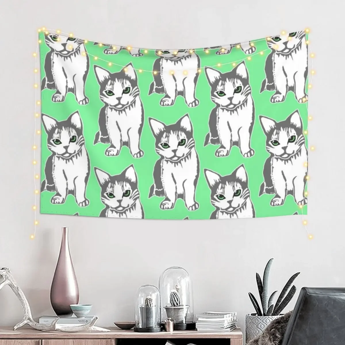 Grey and White Cat with Jade Eyes Tapestry Room Decor Cute Bedrooms Decorations Nordic Home Decor Tapestry