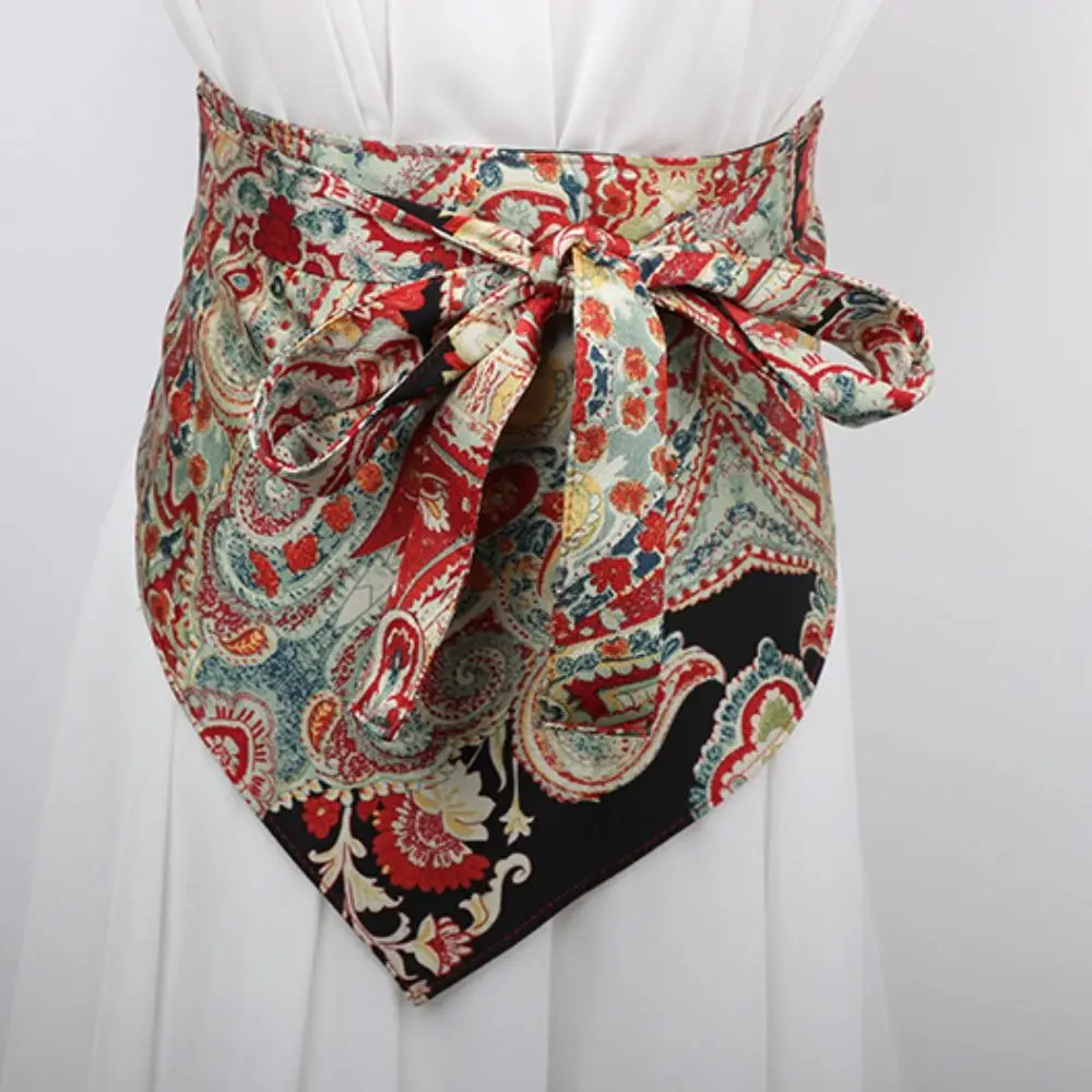 Estilo chinês étnico triangular cintura bordado impressão jeans decoração floral cinto triangular acessórios de roupas borla