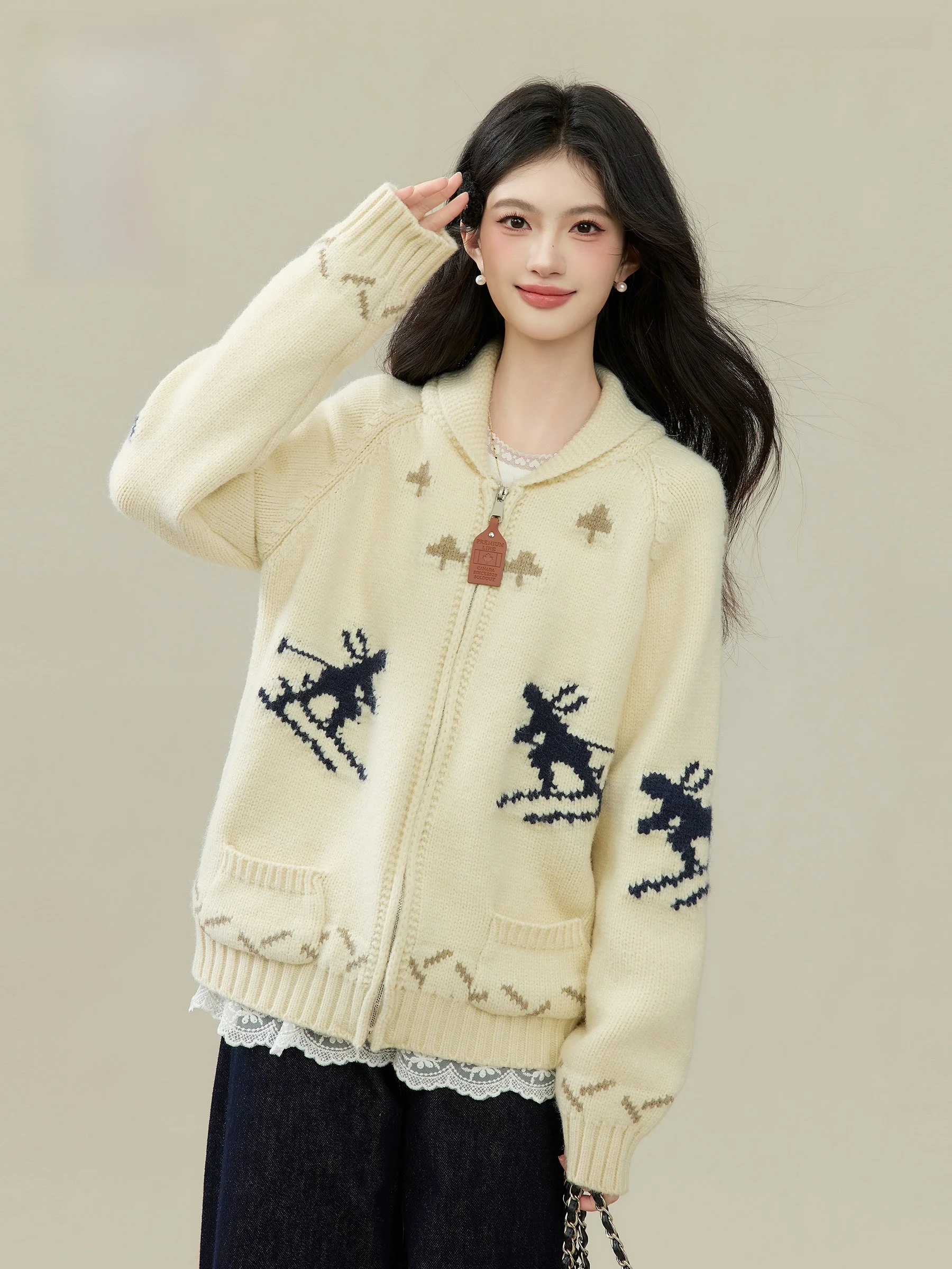 

Lingjiu Deer Rice Mimi Lazy Style Knitted Zipper Sweater Coat Women's Spring New Loose Fit Soft Comfortable Long Sleeve Casua...
