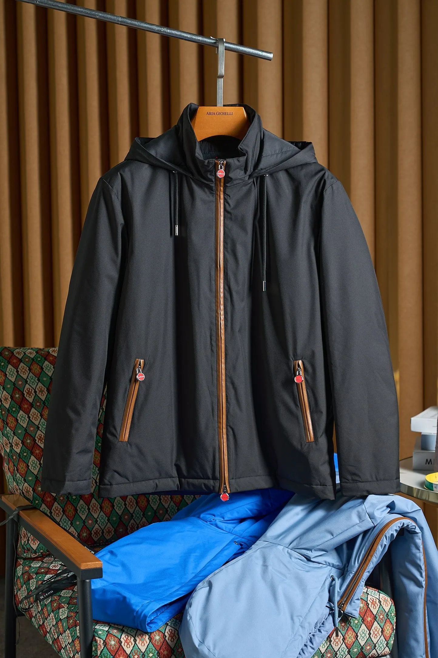 Kiton Tooling Utility Urban Trend Brown Leather Trimmed Hooded Jacket