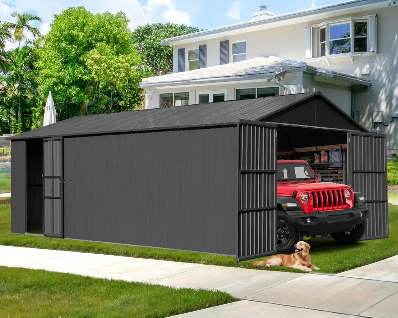 ！@12x15 FT Outdoor Heavy Duty Metal Garage Shed Lockable Double Hinged Doors Extra Large Carport for Cars Trucks Lawn Equipment