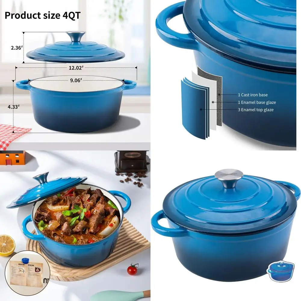 

Blue 4-Quart Enamel Cast Iron Dutch Oven with Lid - Heavy-Duty Cookware for Baking, Braising, Stews, Roasting, and Oven Use up t