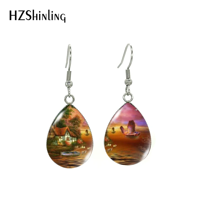 2021 New Arrival Fairy Village Pond Garden Valley Cabin Mountain Landscape Oil Paintings Handcraft Tear Drop Dangle Earrings