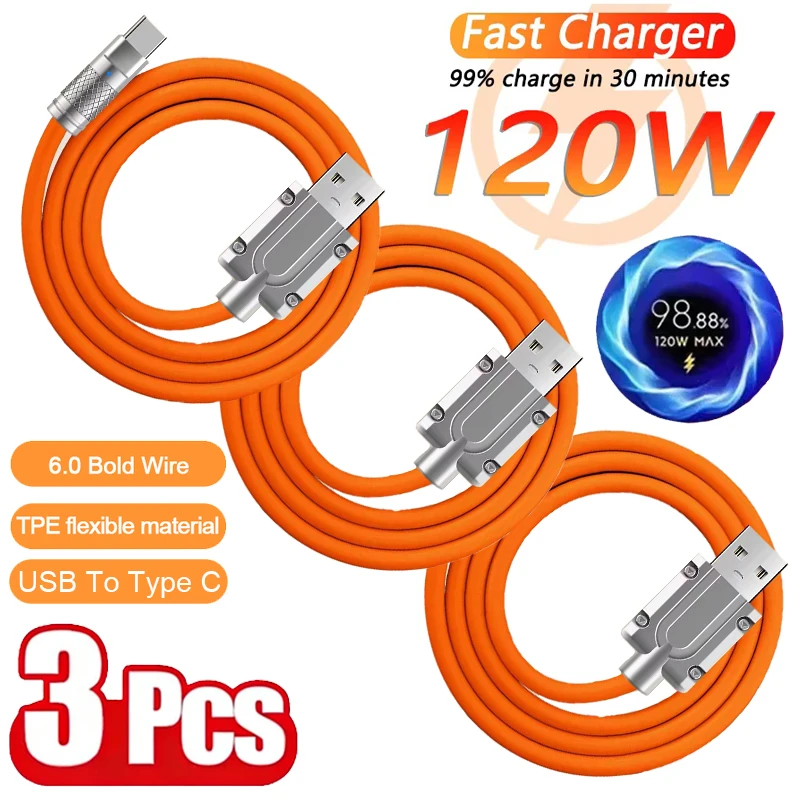 120W Liquid Silicone USB C Super Fast Charging Cable 1/2PCS Type C Charger Cord for Xiaomi Huawei Samsung Data Transfer