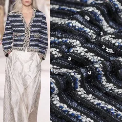 50x145cm Navy And White Stripe Sequin Yarn-Dyed Braided Tweed Fabric For Women Autumn Jacket Dress Suits Coat Handbag DIY Cloth