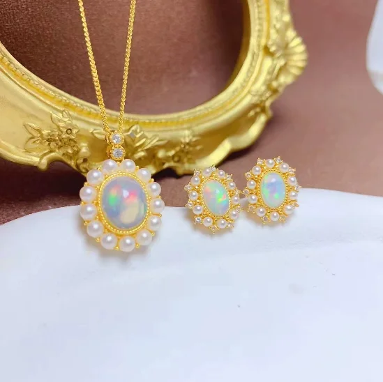 

S925 серебряные опаловые подвески для женщин серьги + кулон комплект ювелирных изделий кулон с жемчугом
