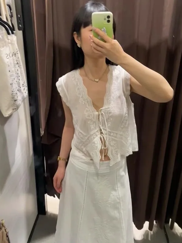 حلوة وحارة فضفاضة غير رسمية شفافة قوية مزيج القطن المطرز irt V Ne Svel توب نسائي صيفي Faion 2025 #2