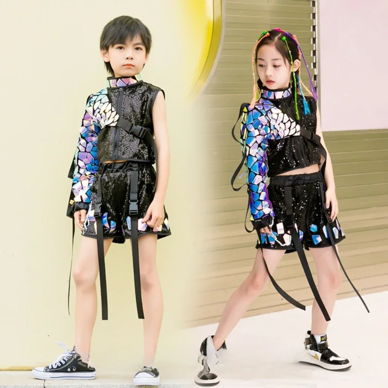 Outfit Catwalk Show Boys Girls Jazz Dance Costume Modern Street Dance Children Tooling jumpsuits Hip Hop Set Kids Performance