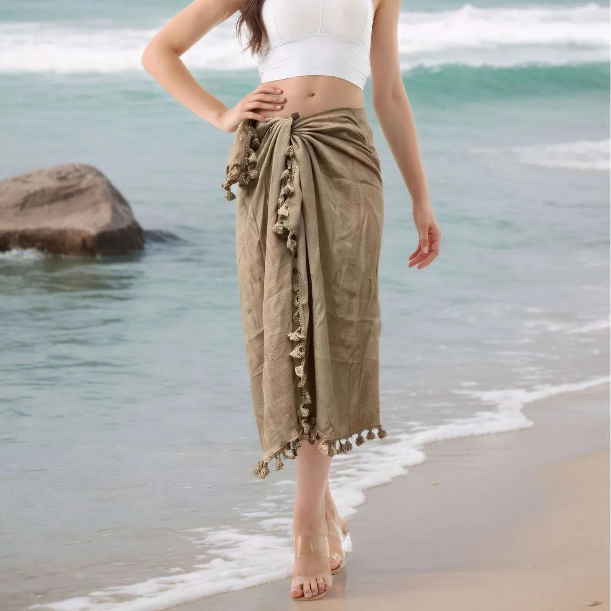 กระโปรงชายหาดผ้าชีฟองสีพื้น แห้งเร็ว ป้องกันแสงแดด สำหรับผู้หญิง คลุมบิกินี่ เหมาะสำหรับงานปาร์ตี้ชายหาด