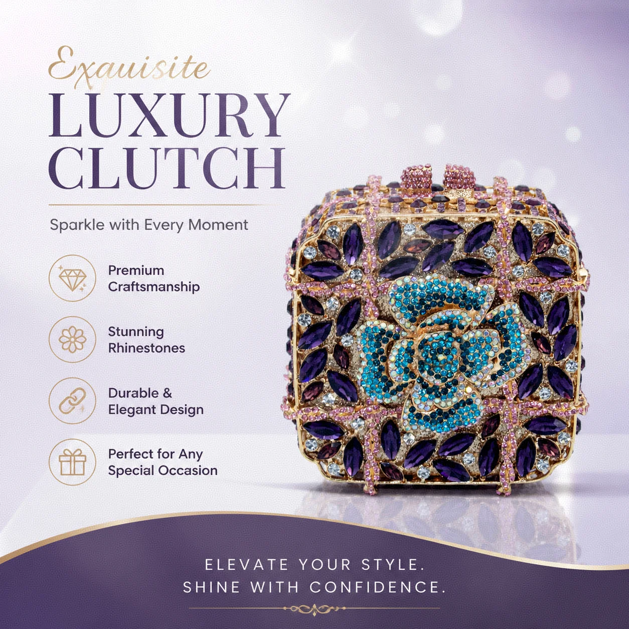 Sparkling 3D Flower Rhinestone Mini 11cm Square Evening Box Clutch Women Purple Blue Crystal Hand Purse for Wedding Guest Prom C view 5