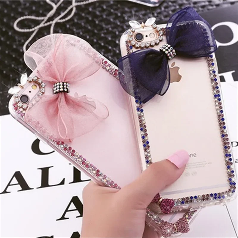 Diamond Crystal Bling Rhinestone Phone Case, Soft Back Cover, Cute Lace Bowknot, for iPhone 16Pro 15Plus, 14, 11, 12, 13Pro Max