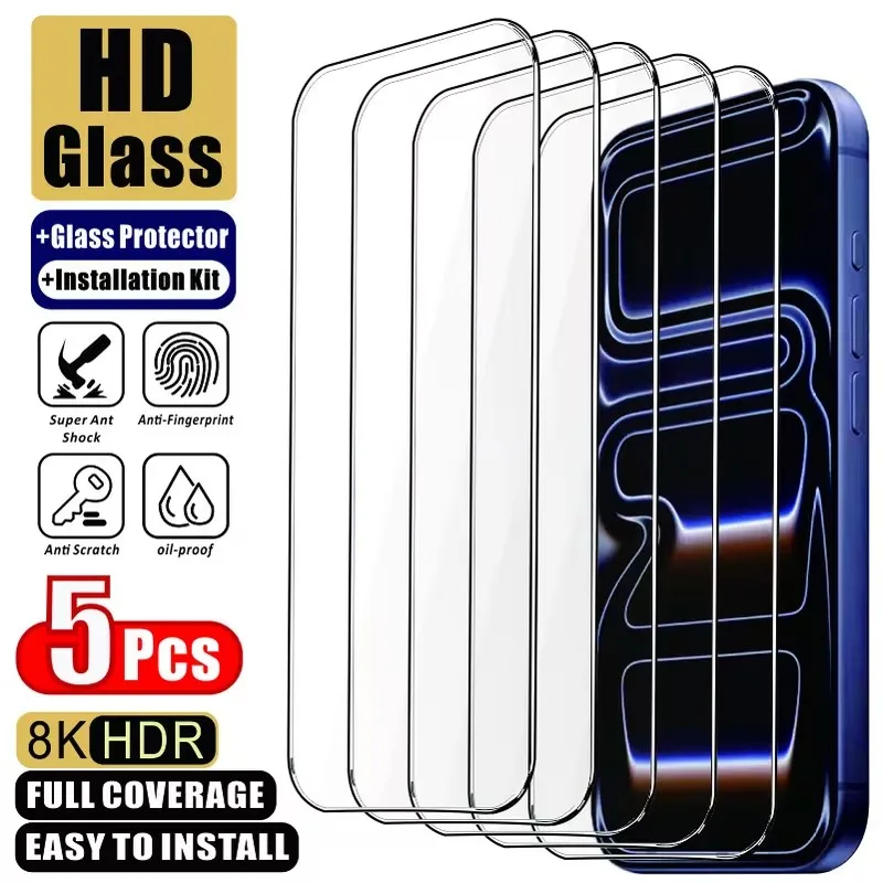 5Pcs Tempered Glass For iPhone 17 16 15 14 11 12 13 Pro Max Screen Protector For iPhone XR X XS 16 15 Plus HD Protective Glass