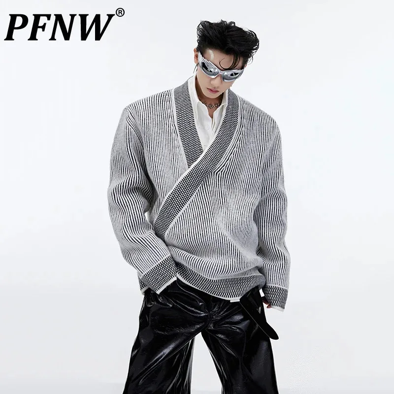 

PFNW V-neck Men Wool Cardigan Knit Sweater Niche Design Loose With Sloping Placket Clothing Autumn Winter Trend Street 9C1978