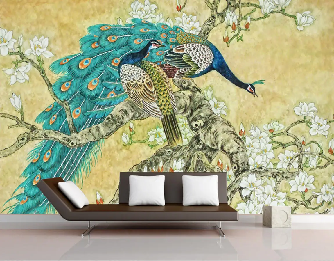 

Custom mural bamboo forest arch brick wall peacock peony flower oil painting background painting home decoration wallpaper