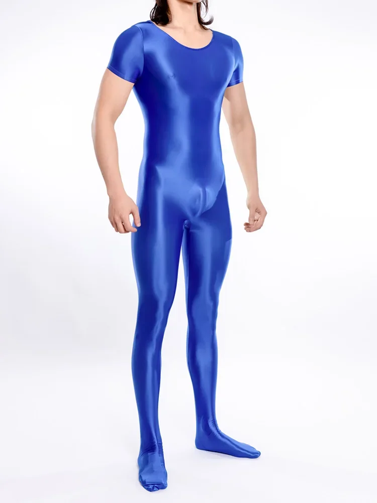 Tuta sexy in raso lucido Shaper ad alta elasticità Indossare body completo Collant a maniche corte Body esotico Zentai morbido unisex