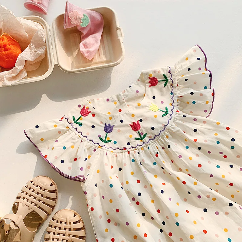 Korean Style Children's Clothing Colorful Polka Dot Tulip Embroidery Girl Dress2024Summer Flounced Sleeve Sweet Princess Skirt