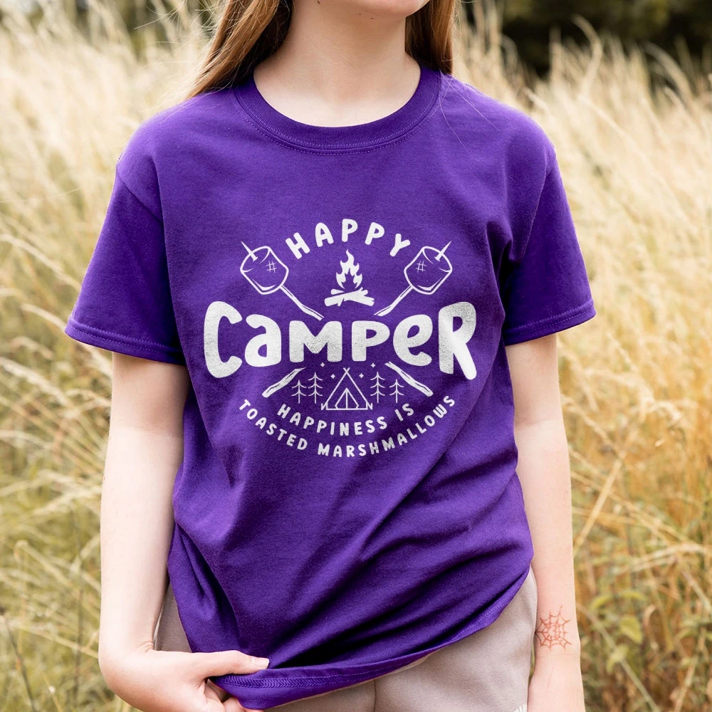 

Women's T-Shirt Happy Camper Shirt Camping Life Tee Adventure Tour Shirts Campfire Vacation Tops Tees Camper Wanderlust Shirt