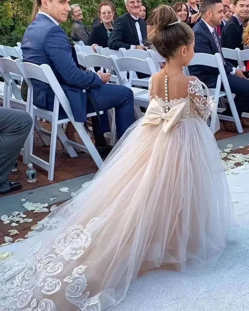 Vestido elegante de cumpleaños para niña, vestidos de flores color champán para boda, lazo, vestido de fiesta de princesa de encaje de manga larga