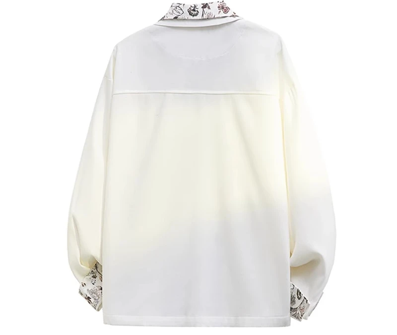 2025 الربيع والخريف جديد الرجال وهمية قطعتين المرقعة قميص أبيض الراقية طباعة النبات عادية أسود رمادي كم طويل قميص