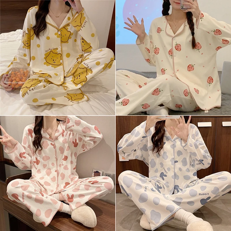 Summer Thin Section Long-Sleeved Pyjamas Ladies 2024 New Cute Cardigan Home Wear Loose Two Piece Suit