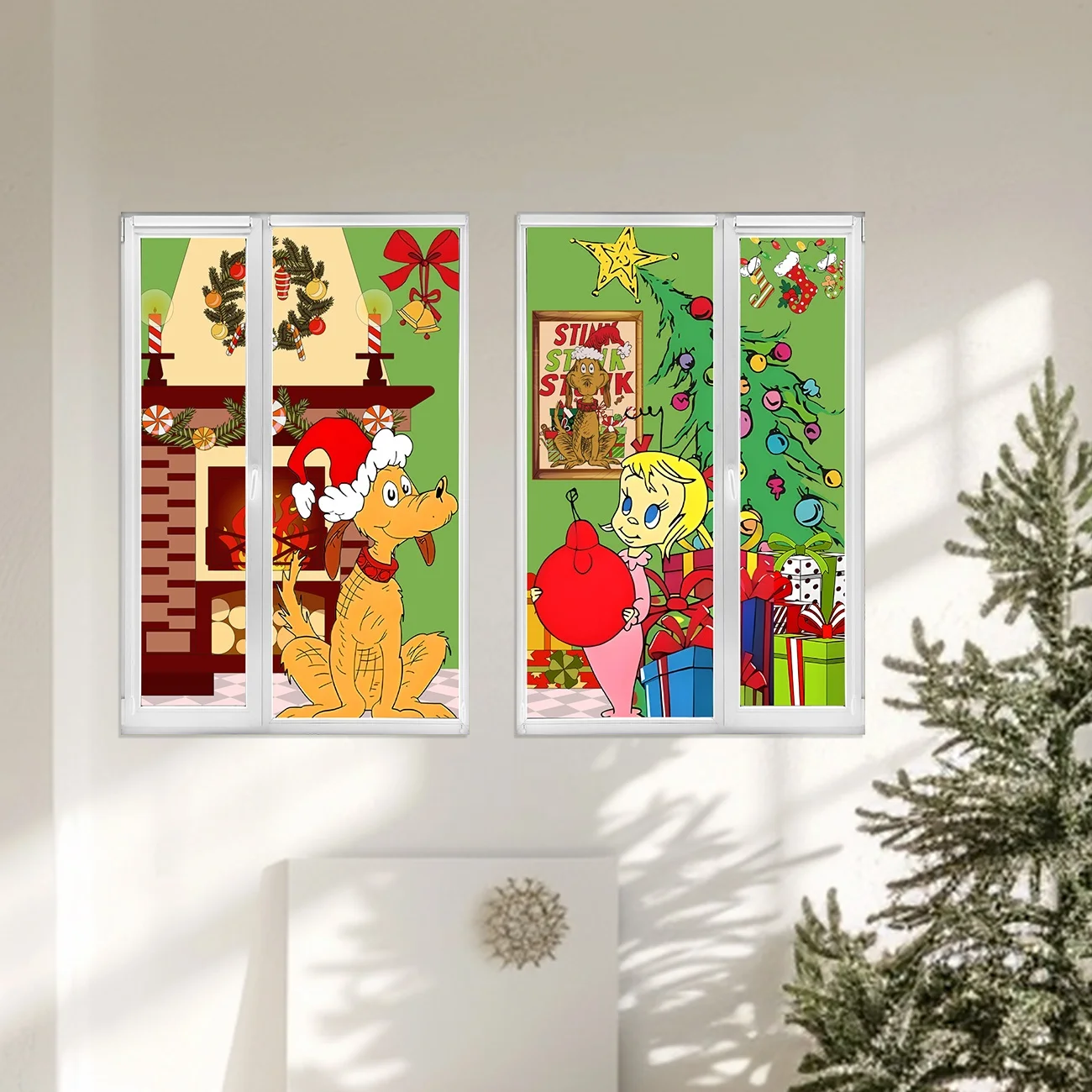 زينة عيد الميلاد لافتة حفلات نافذة عيد الميلاد صورة ظلية الديكور فتاة الكلب غطاء نافذة عيد الميلاد نافذة ملصق ل Indo #6