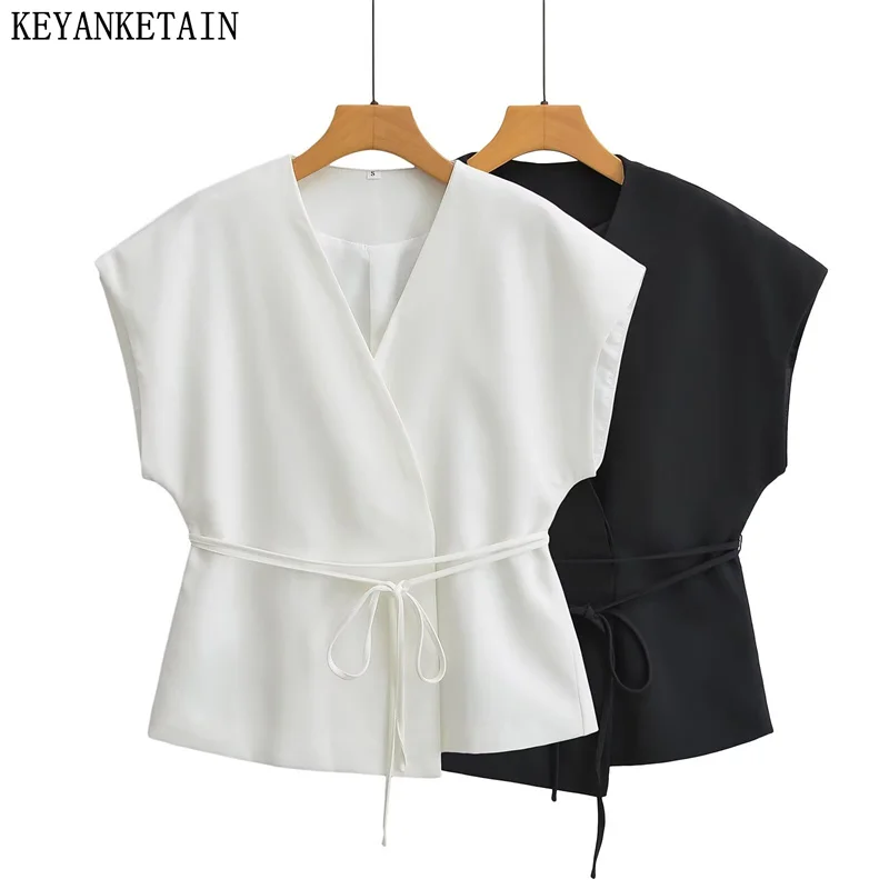 

KEYANKETIAN 2024 New Women's Adjustable Waist Waistcoat Vest Simple style Solid color Office Lady Sleeveless Short Top Autumn