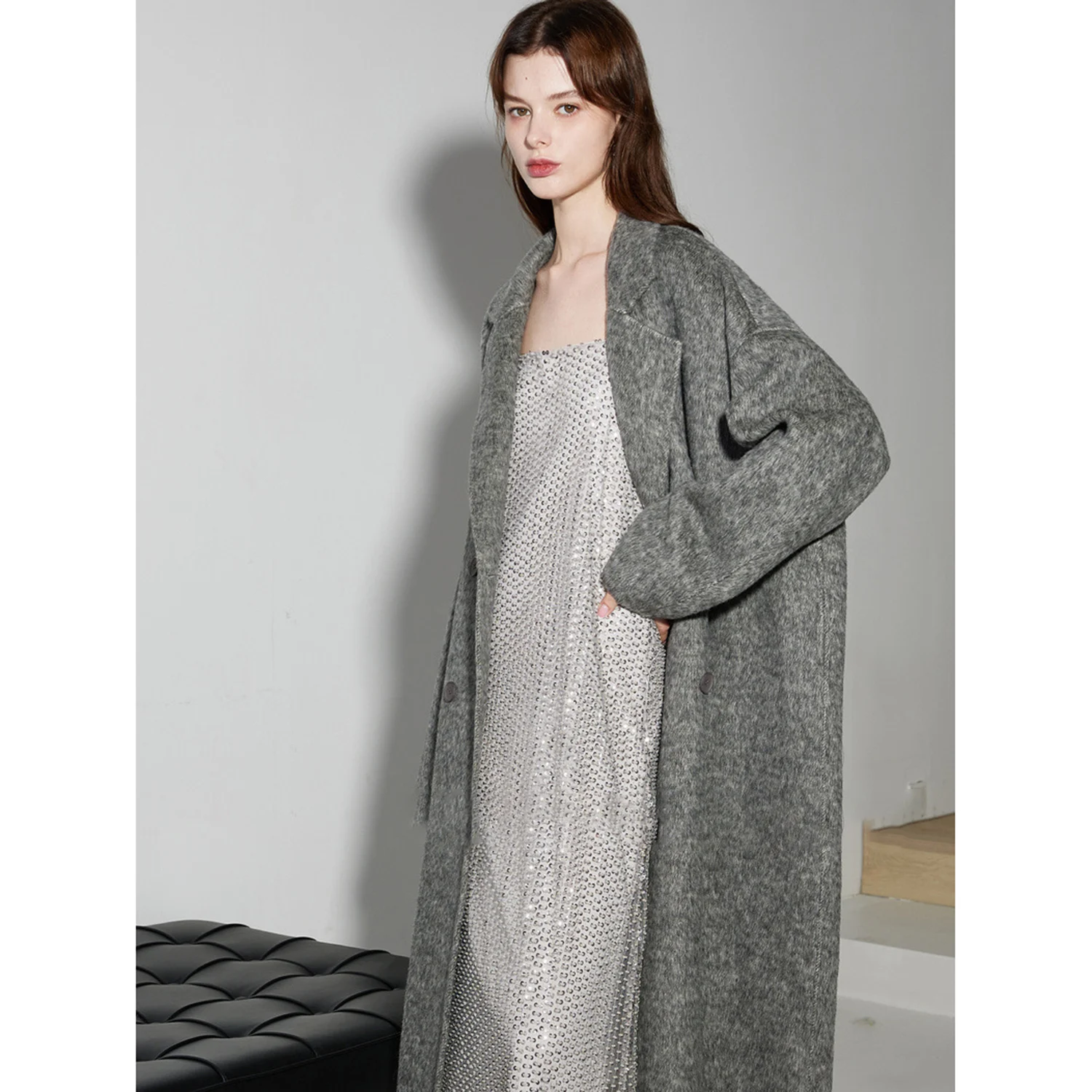 Allingentle Grey Women's Long Blazer Woolen Fashion Jacket Warm Coat for Cocktail Party Daily Outfits Customize