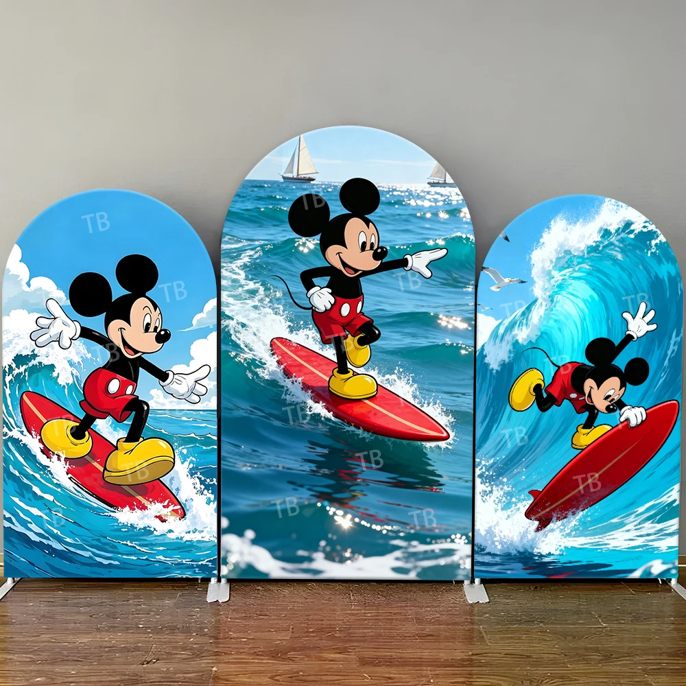 

Disney Mickey Surfing Theme Arch Backdrop Cover Lively Beach Wave Scene For Kids Birthday Party Cute Cartoon Photo Booth Decor