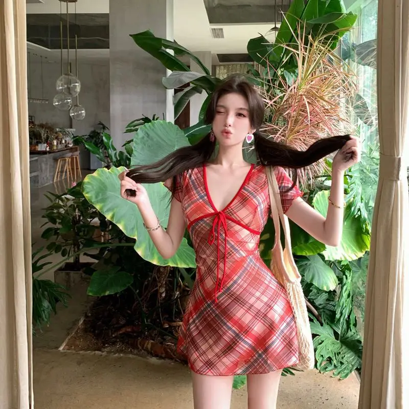 Korean Retro Sweet Girls Plaid One Piece Swimsuit Sexy Backless Beach Mini Dress with Shorts Swimwear Women Holiday Bathing Suit