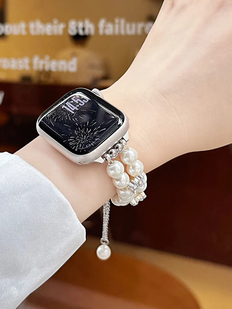 الفاخرة الماس الفرقة ل iWatch الترا 10 9 8 7 6 5 مرونة اللؤلؤ سوار للساعة أبل 38 40 مللي متر 41 مللي متر 42 45 مللي متر 46 مللي متر 49 مللي متر