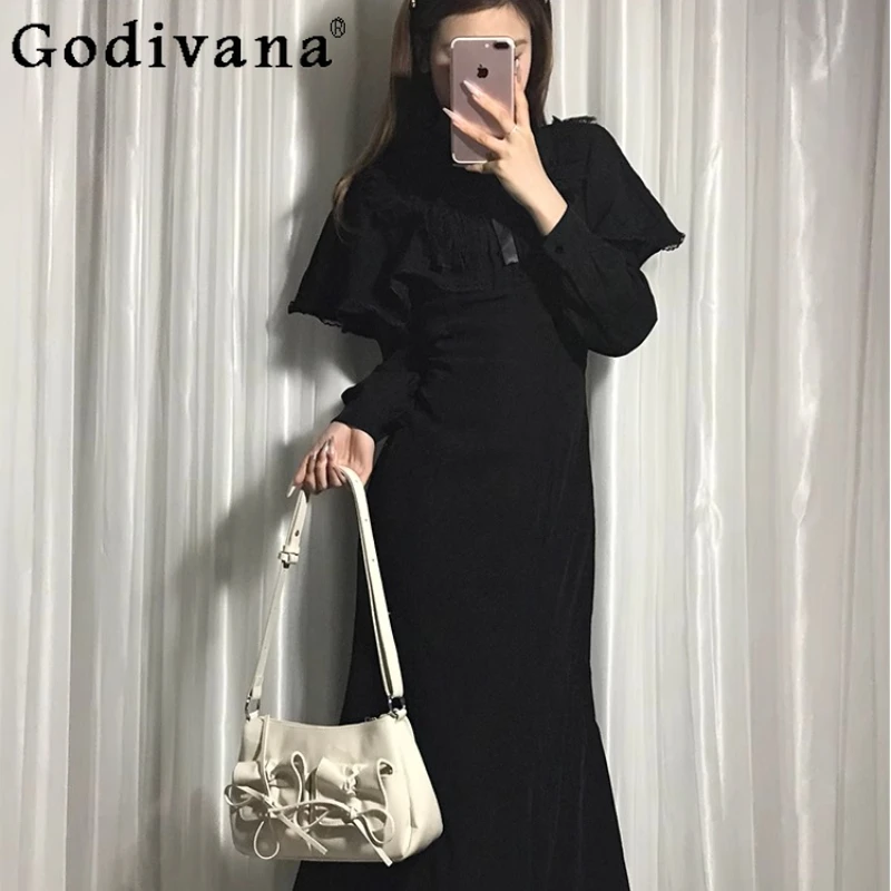 French Hepburn Style Black Cape Dress for Women Spring Autumn Waist-Cinching Lolita Dress Female Bodycon Mermaid Long Dress