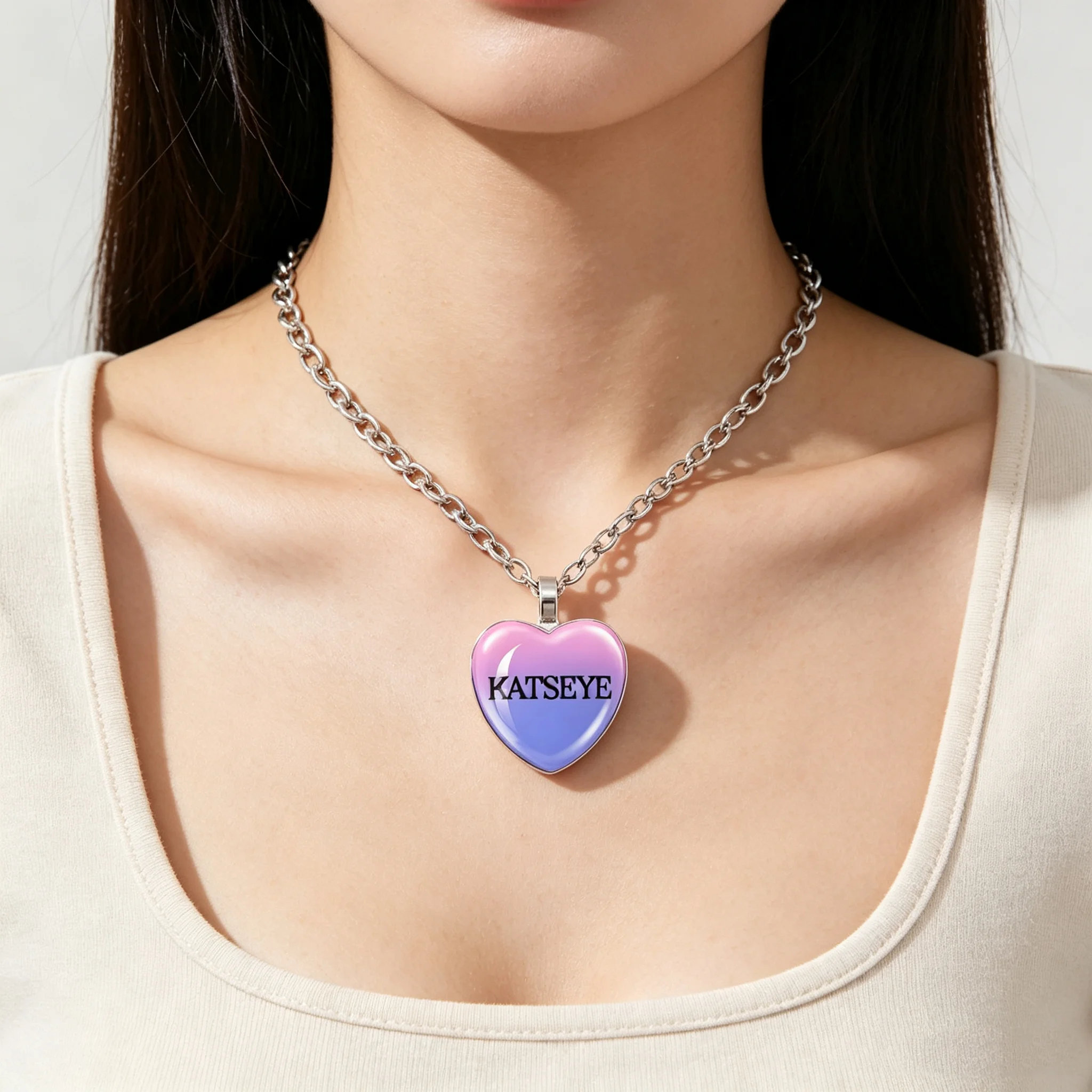 KATSEYE Heart Pendant Necklace Kpop Idol Print Neck Chain Fashion Jewelry Fans Gift
