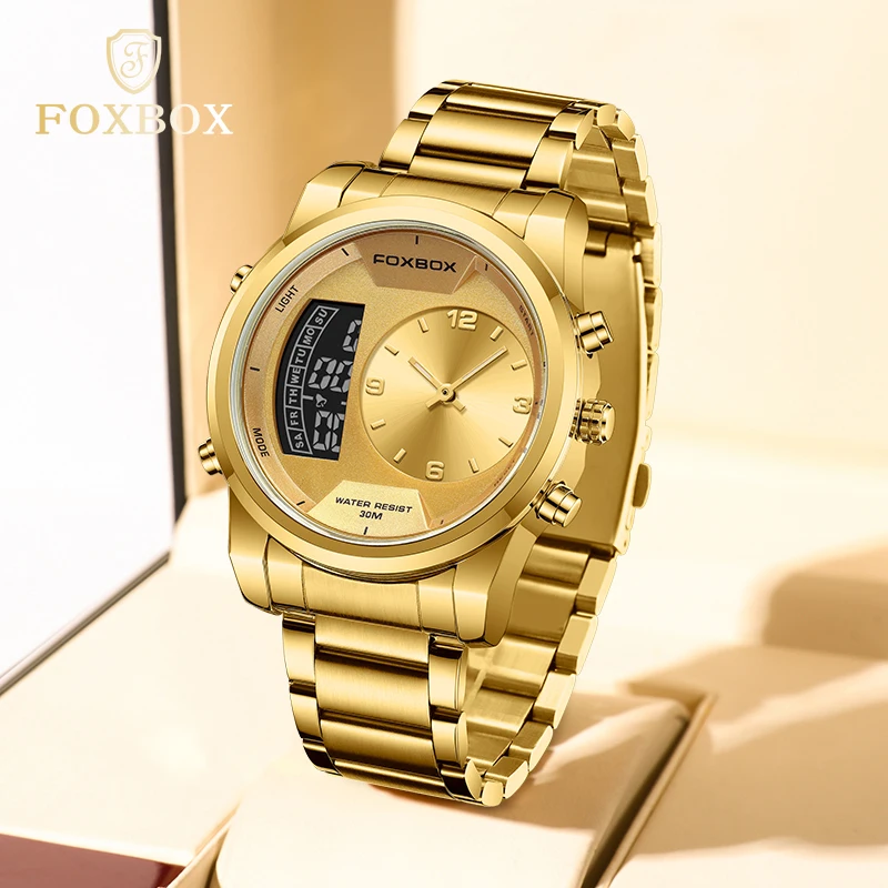 FOXBOX 2024 Mode Quartz Horloge Mannen Dual Display Luxe Horloges Mannen 30 m Waterdichte Digitale Lichtgevende Horloge Reloj Hombre nieuwe
