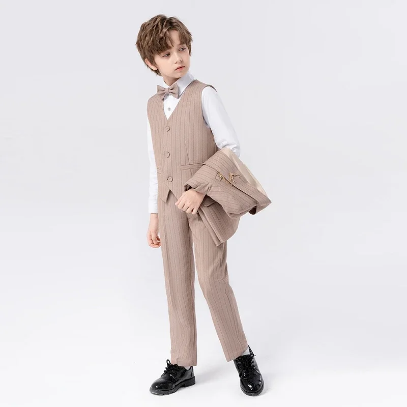 Boys Grey Slim Fit Suits Formal Wear Children Teenager Groomsman Performance Host Clothes Kids Striped Students Party Full Dress