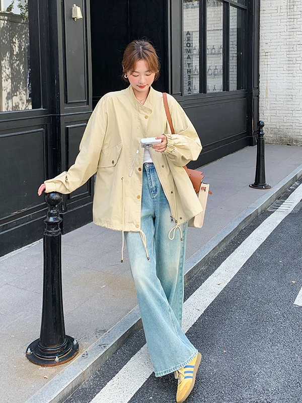 Kurtka khaki ort Coat Jaet damska, wczesna wiosna/jesień 2025, nowa, mały rozmiar, casualowa, uniwersalna, luźna, do pracy, z kołnierzykiem stójką, dopasowany krój.