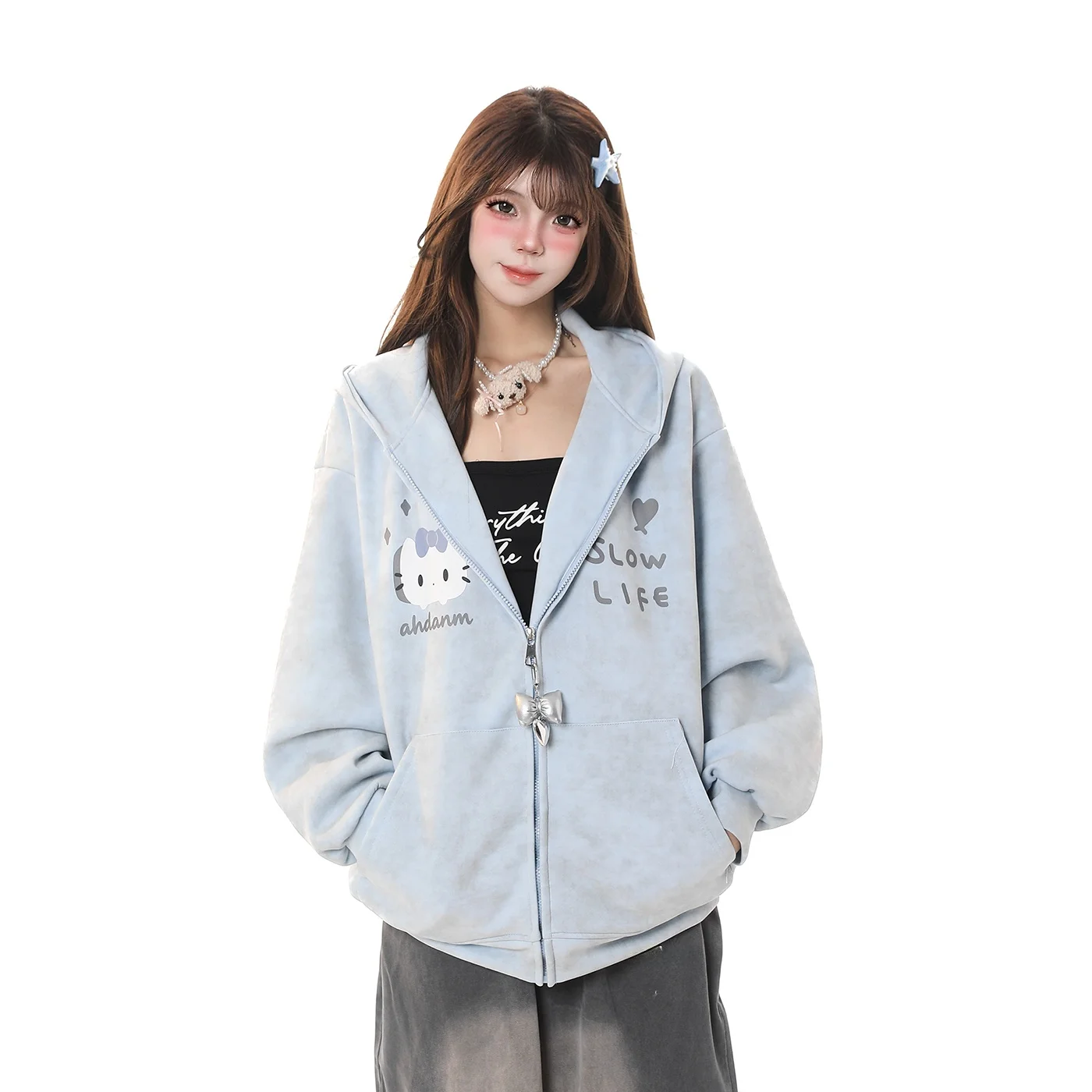 

Ретро-кардиган с американским мультяшным принтом, толстовка на молнии, женская весенняя свободная повседневная куртка