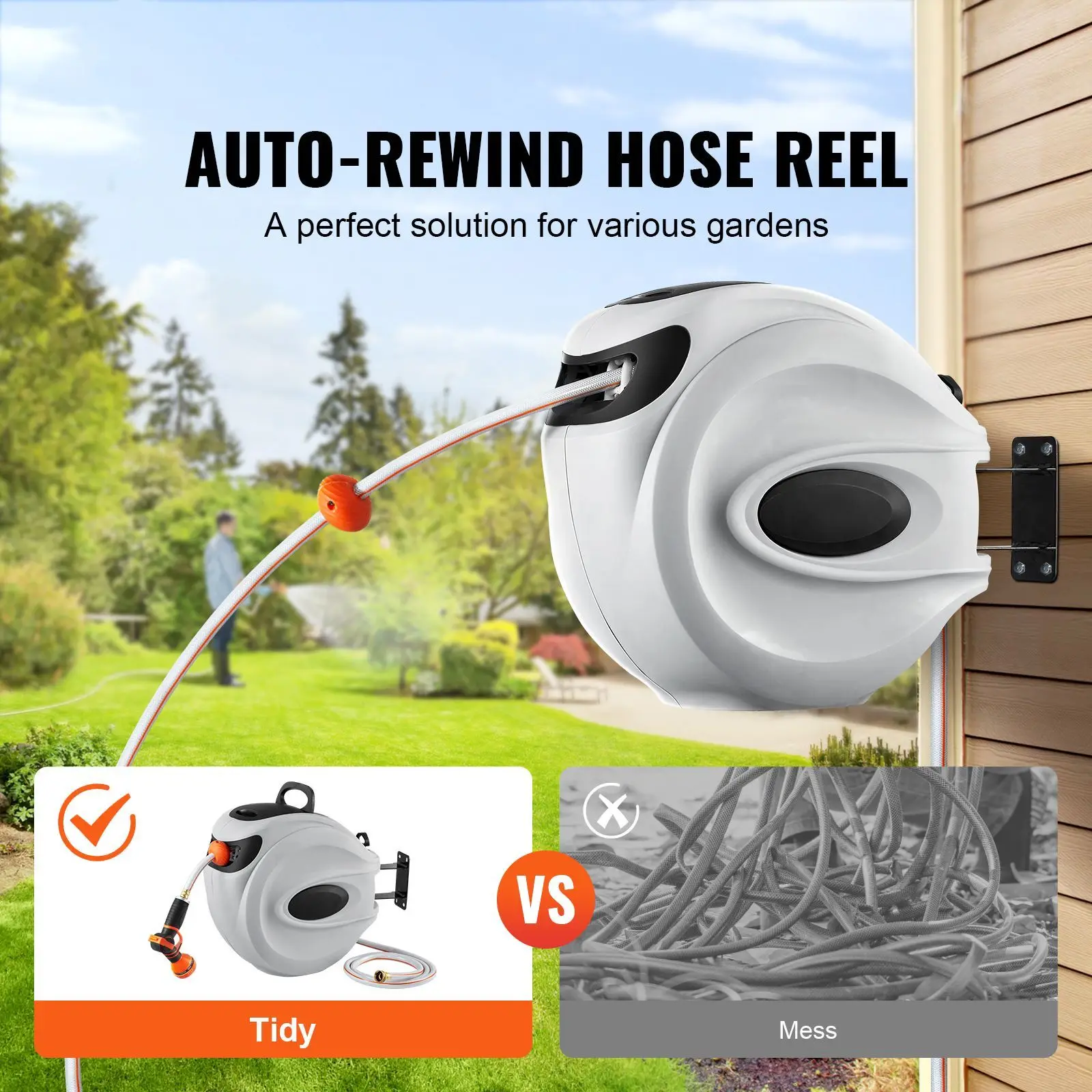 Retractable Hose Reel 84 ft x 5/8 inch, 180° Swivel Bracket Wall-Mounted, Garden Water Hose Reel with 9-Pattern Nozzle, Automatic Rewind, Lock at Any Length, and Slow Return System