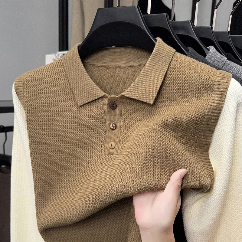 High end luxury knitted long sleeve T-shirt men's autumn winter fashion personalized splicing design Korean casual lapel sweater