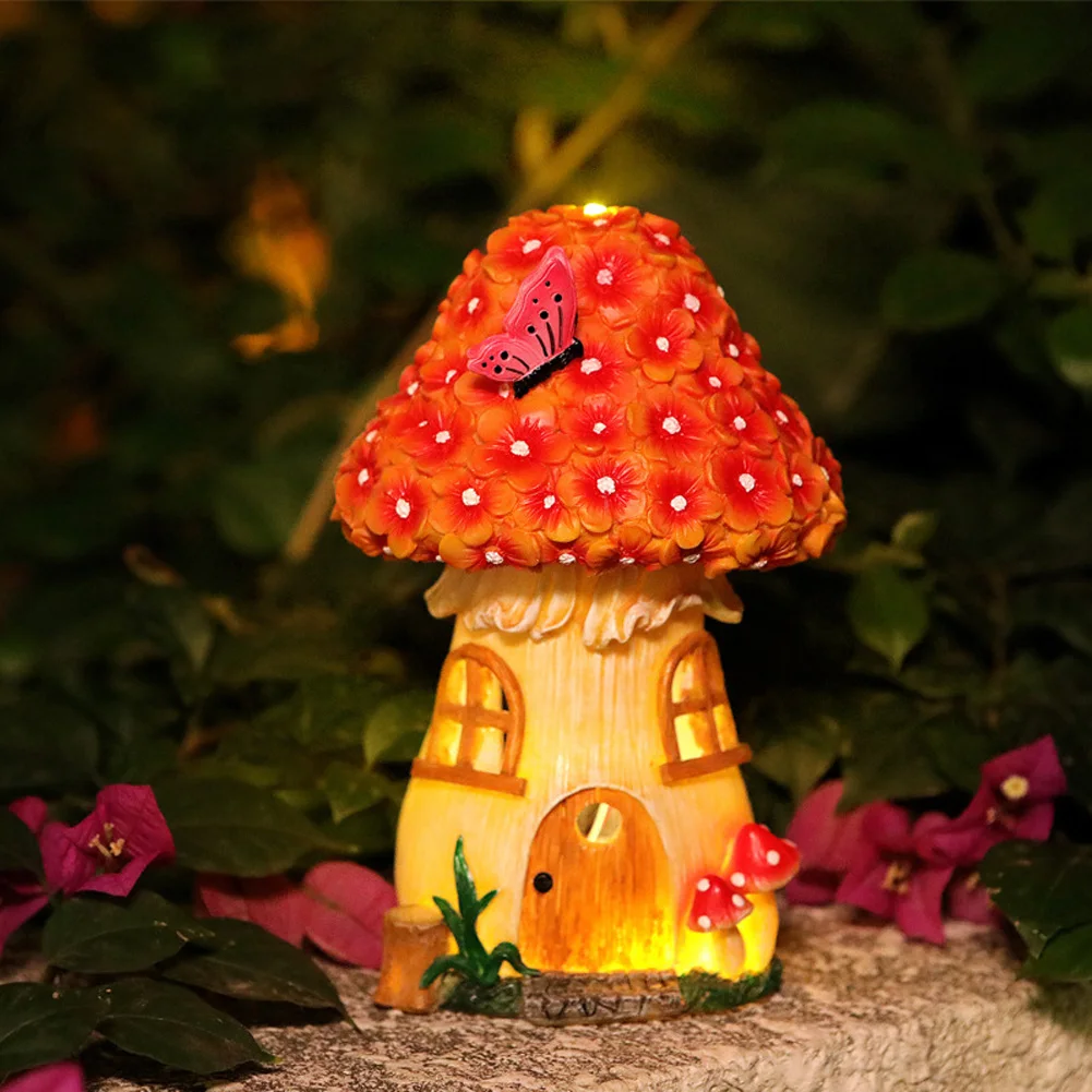 Outdoor Solar Lights Mushroom Sculpture Waterproof Resin Fairy House Night Lights For Gardens Balconies Home Decoration Lamp