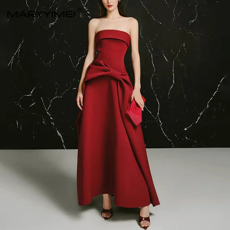 MARYYIMEI Stitched bow temperament ceremonial dress tube top waist long dress 2026 summer new women's clothing