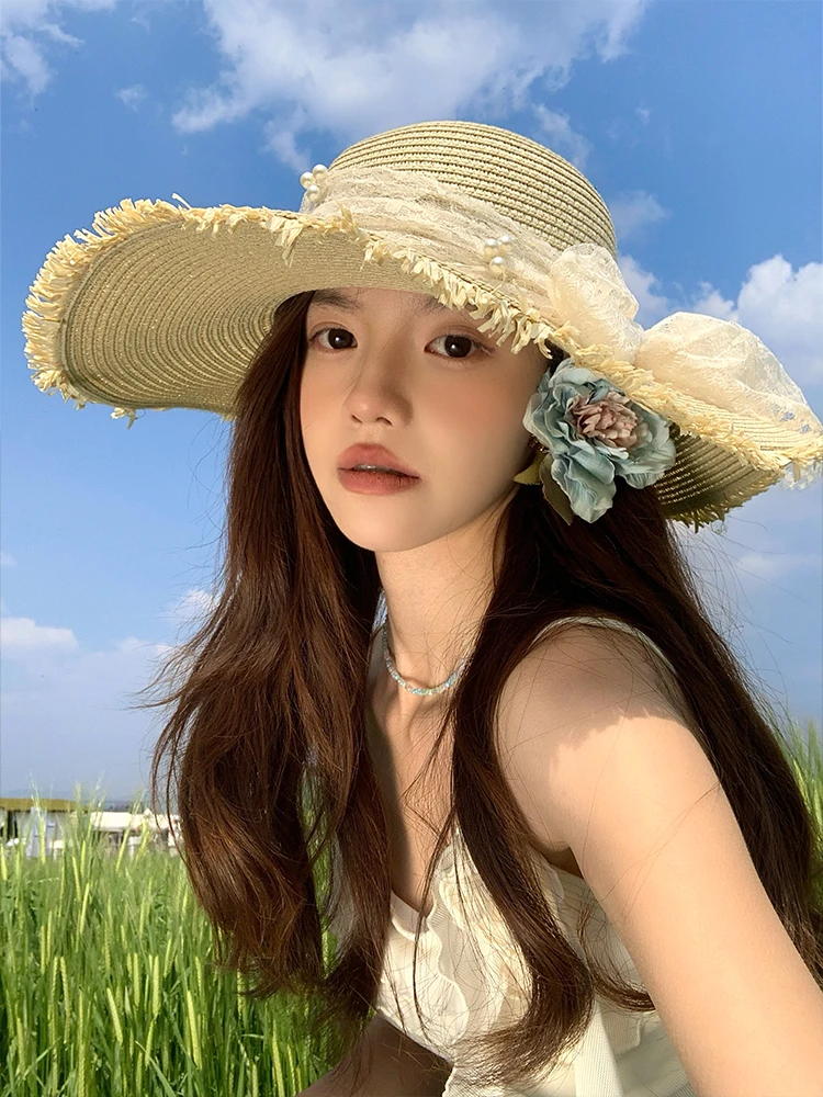 Lace bow woven straw hat women's summer big brim seaside vacation beach sunshade sunscreen hat