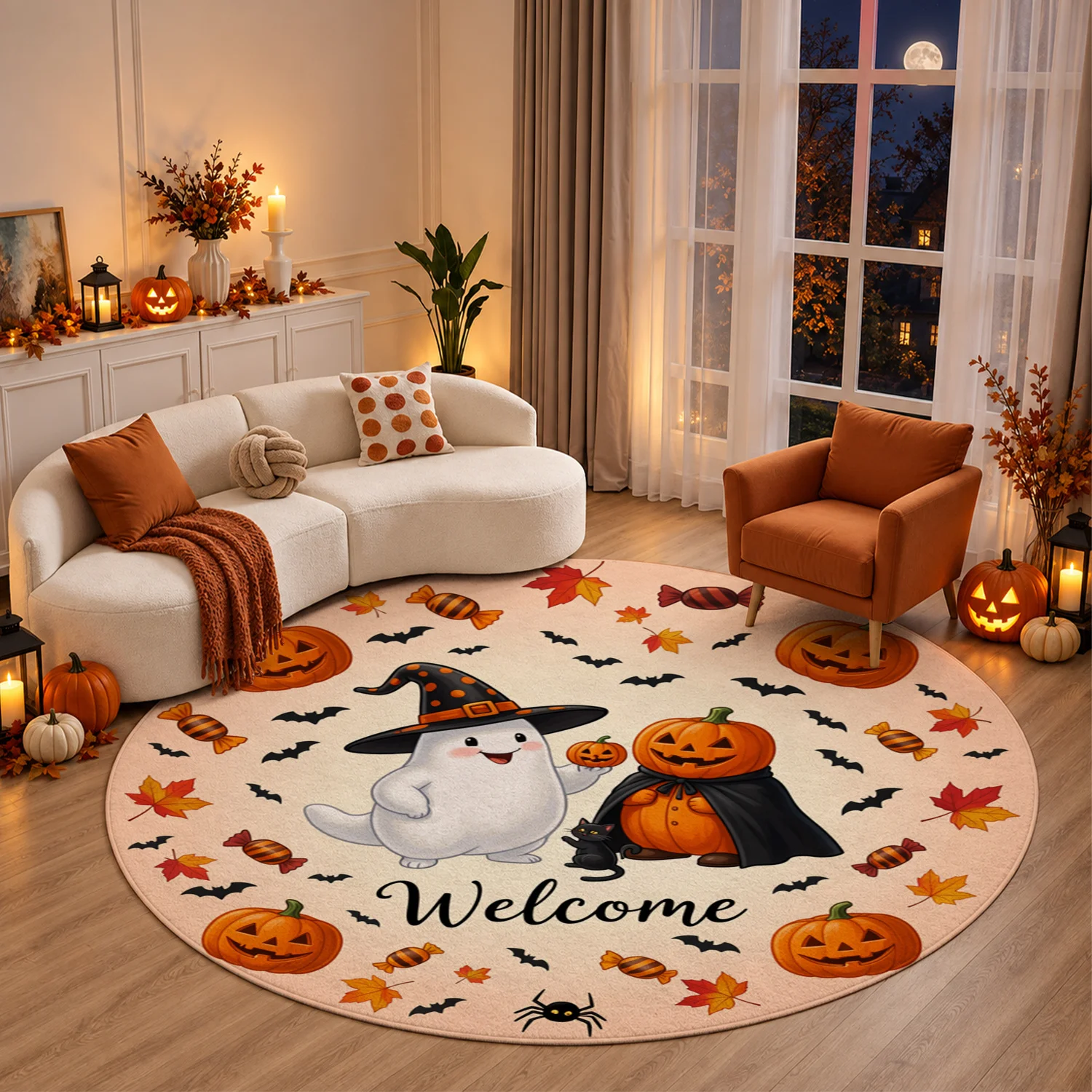 Halloween Ghost Pumpkin Bat Welcome Pattern Round Velvet Doormat, Machine Washable, Stays Firmly in Place, Ideal for Entryway, Porch, Patio, Perfect for Halloween, Thanksgiving, Christmas, New Year, Black Friday, Cyber Monday Home Decor