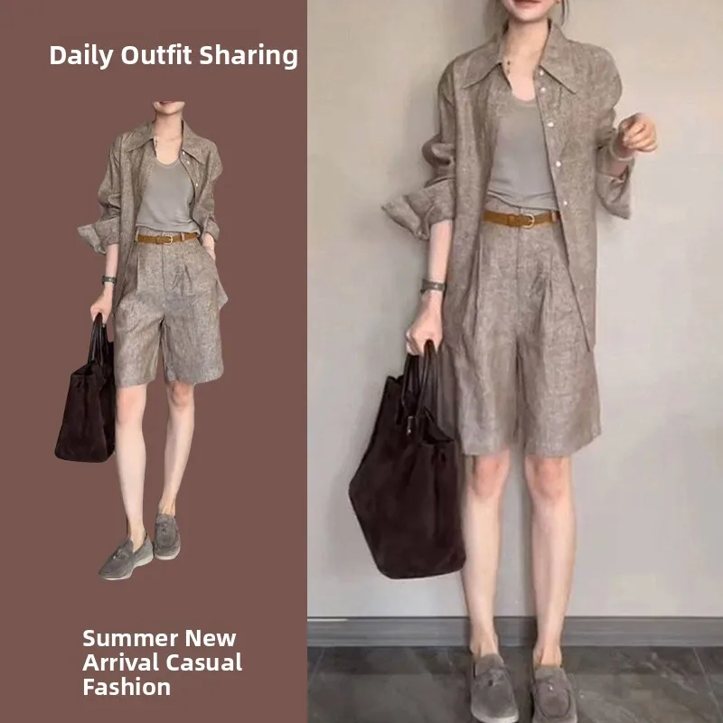 Elegant Cotton Linen Shirt Set Women Summer Casual Loose Style Fake Linen Shirt Loose Feel Complete Set High Waist Shorts