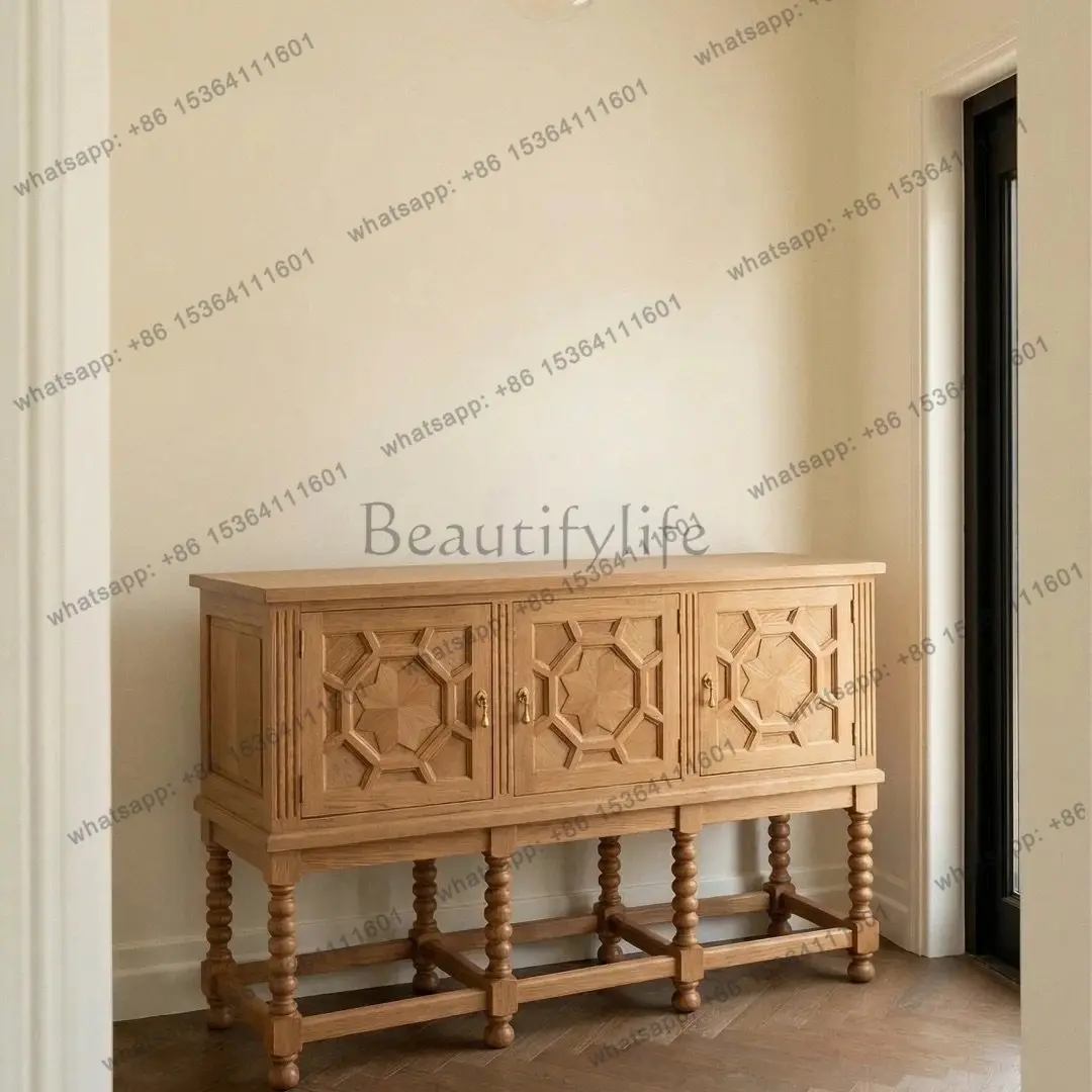 French medieval solid wood dining side cabinet retro ash wood entrance decorative cabinet