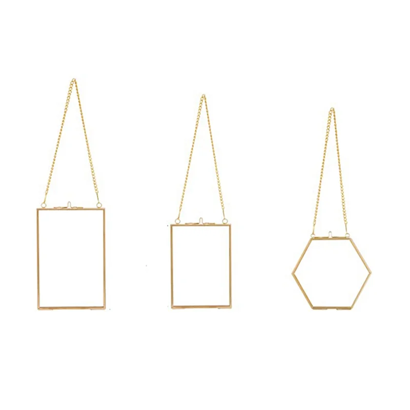 ABGR-6 Packs Pressed Flowers Glass Frames- Golden Hanging Glass Picture Frames With Chain Floating DIY Artwork Display Frames