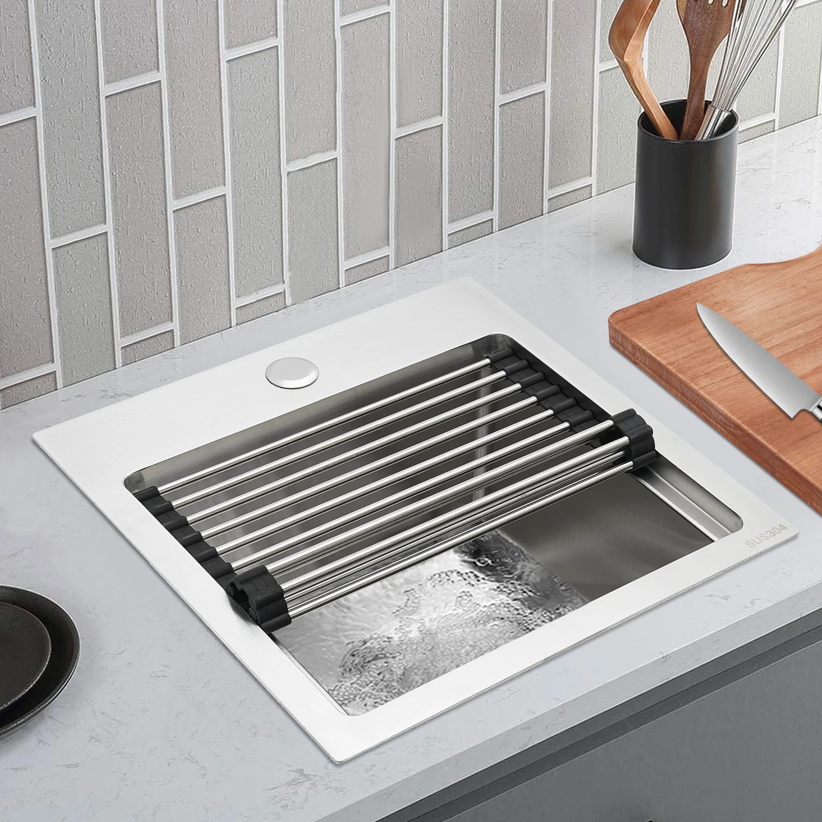 15 * 15 بوصة / 17 × 19 بوصة حوض من الفولاذ المقاوم للصدأ، حوض محطة عمل مستطيل فضي مع لوح تقطيع للمنازل والمطاعم #4