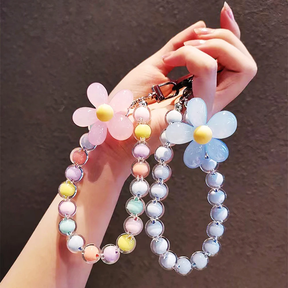 Colorful Lanyard Bow Heart Beaded Bracelet Flower Butterfly Phone Charm Pearl Mobile Phone Wrist Strap Acrylic Anti-Lost Chains